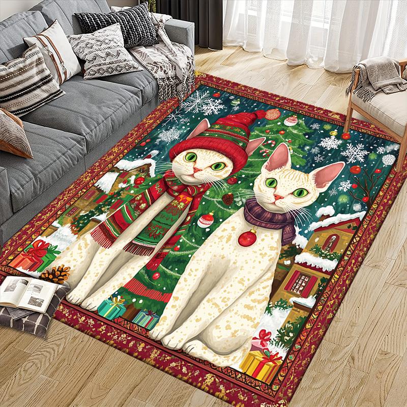 Weihnachtskatze Haus Sofa Dekoration für Wohnzimmer & Schlafzimmer, Rutschfeste Spiel-Flanell-Bodenmatte für Spielzimmer