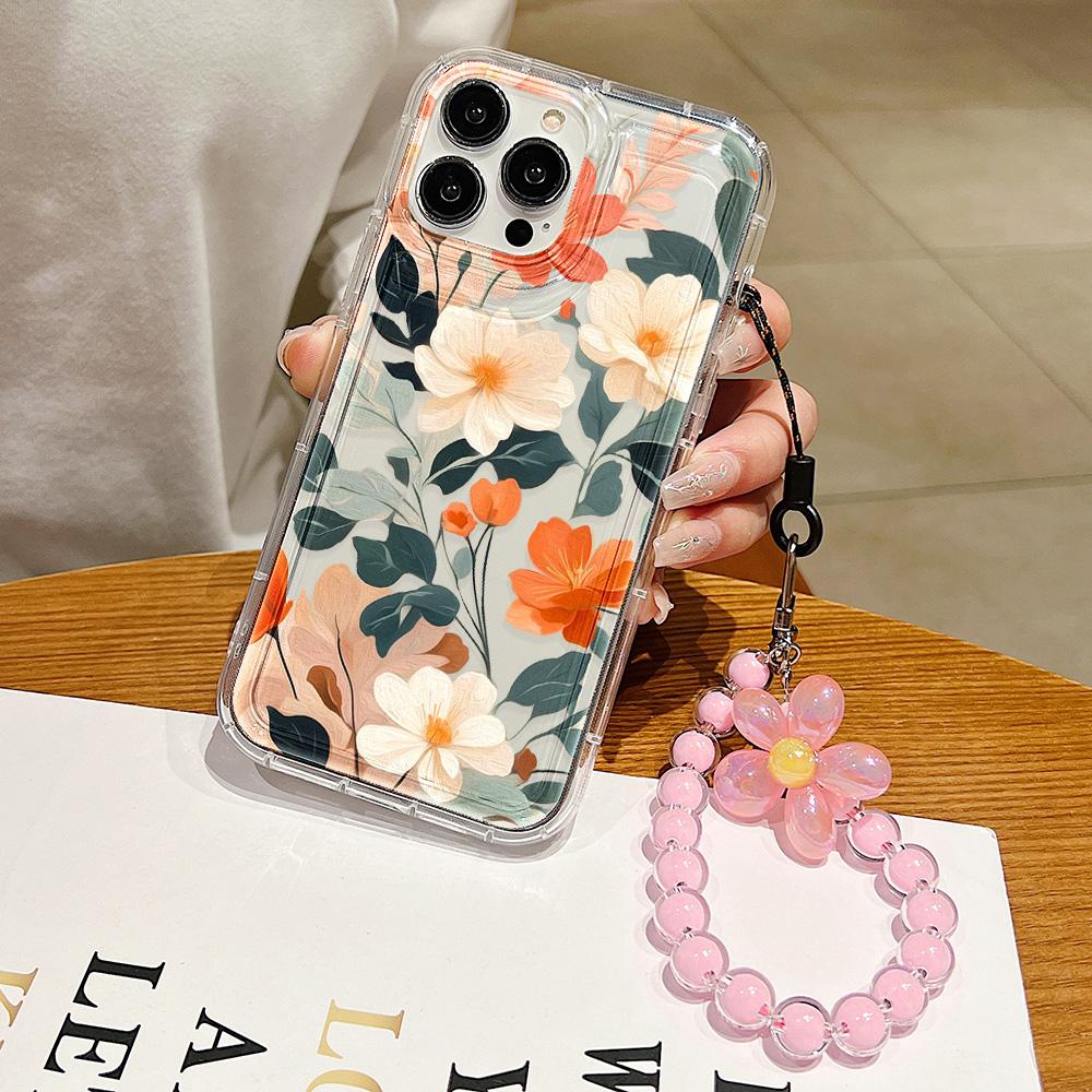 Luxury Flower Case for iPhone 11 Fundas iPhone 13 14 15 12 Pro Max XR 7 8 Plus X Xs 6 SE  Wrist Strap Clear Soft TPU Covers