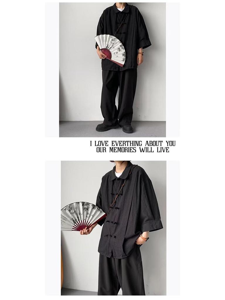 Kids' Summer Retro Tang Suit: Loose Short-Sleeve Cotton & Linen Shirt