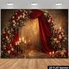 Arrière-plan d'arche florale rouge de luxe, rideau en velours et rideau lumineux doré pour photographie
