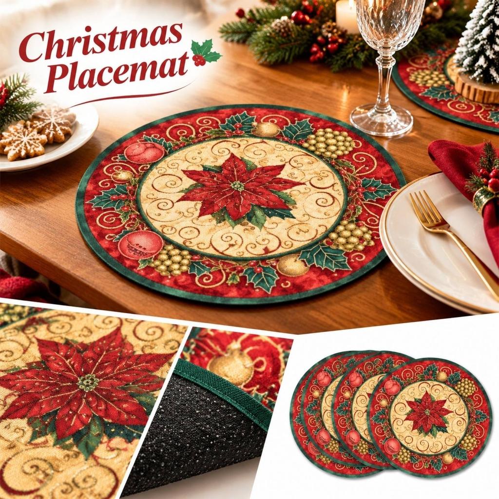 Set von 4 runden Weihnachtsplatzdeckchen, bedruckte Thermo-Tischsets für die Dekoration des Esszimmers