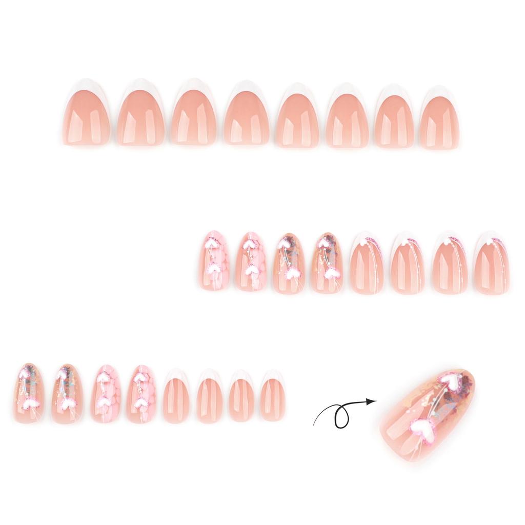 24Pcs French White 3D Heart Design False Nails for Women Manicure Use