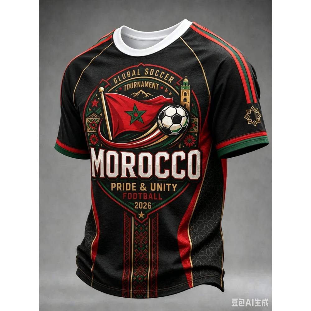 Huiteng 2026 Nieuw Marokkaans Voetbal Fan T-shirt, Heren Rood Letterprint Korte Mouw, Casual Sportshirt voor Team Voetbal Supporters 4XL