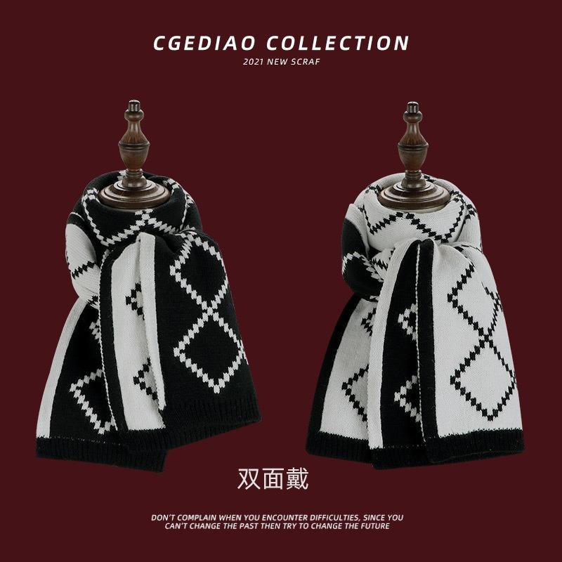 Christmas gift red scarf women's winter plaid versatile warm knitted wool senior sense student scarf