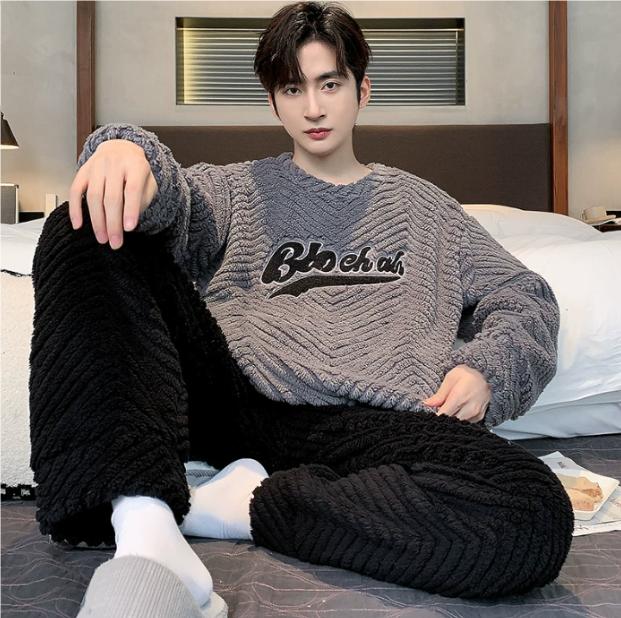 Thickened Coral Fleece Pajamas Men's Winter Warm Home Clothes Two-Piece Set Flannel Autumn Winter Plush Home Suit