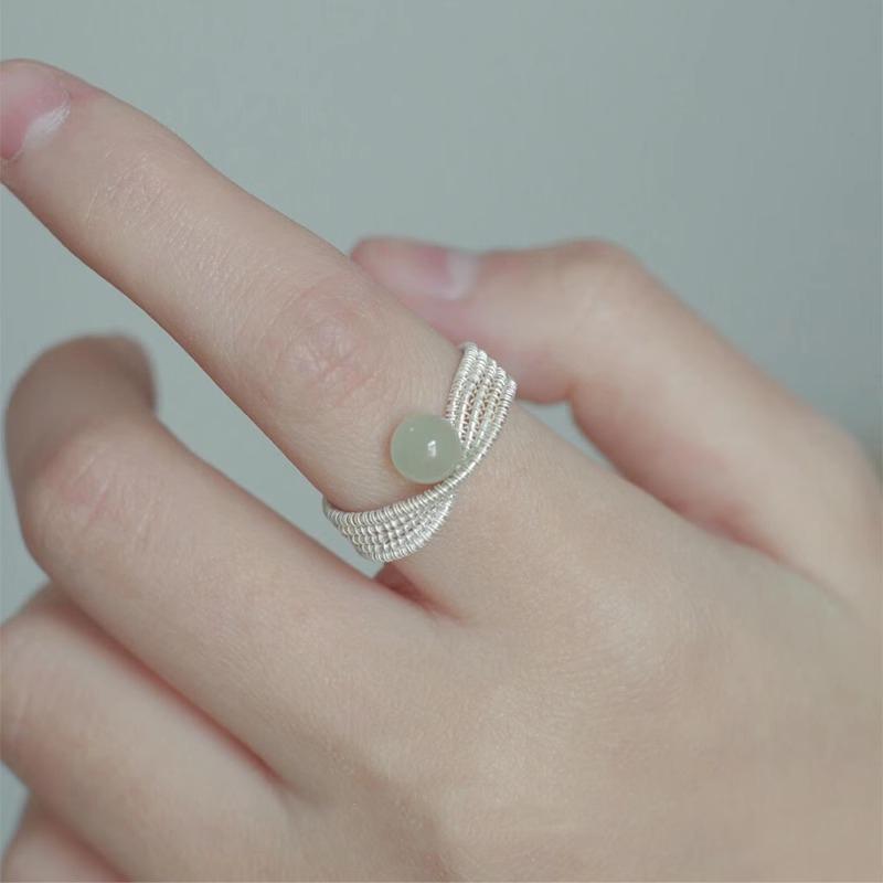 Sterling Silver Braided Line Hotan Jade Ring Female Minority Design National Style Ring