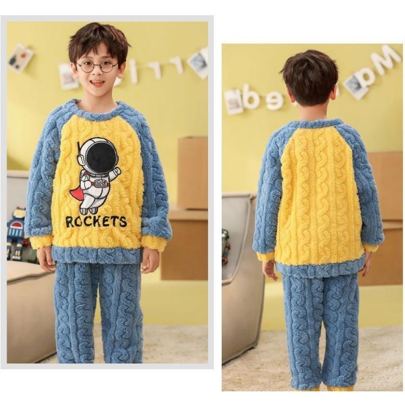 Pigiama invernale in flanella per ragazzi, a maniche lunghe, con pantaloni, in peluche corallo, con simpatici cartoni animati, comodo set pigiama per la casa