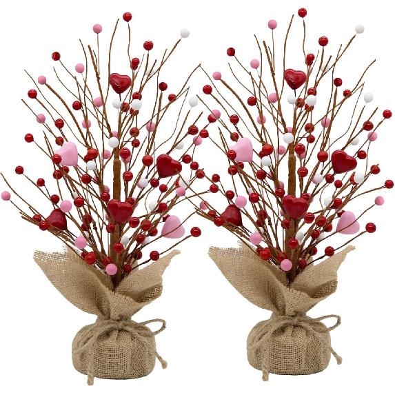 Valentine s Day Artificial Heart Berry Tree Decor - 2 Pack 16-Inch Red & Pink Valentine s Day Table Centerpieces for Valentines Day Indoor
