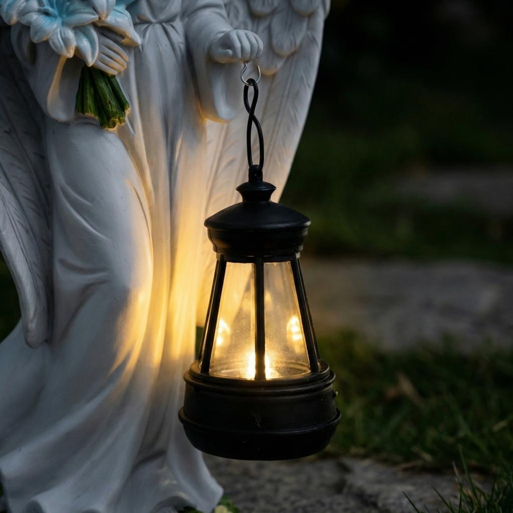 Anioł z żywicy z latarnią i bukietem kwiatów do dekoracji ogrodu, tarasu, podwórka. Ornament pamiątkowy