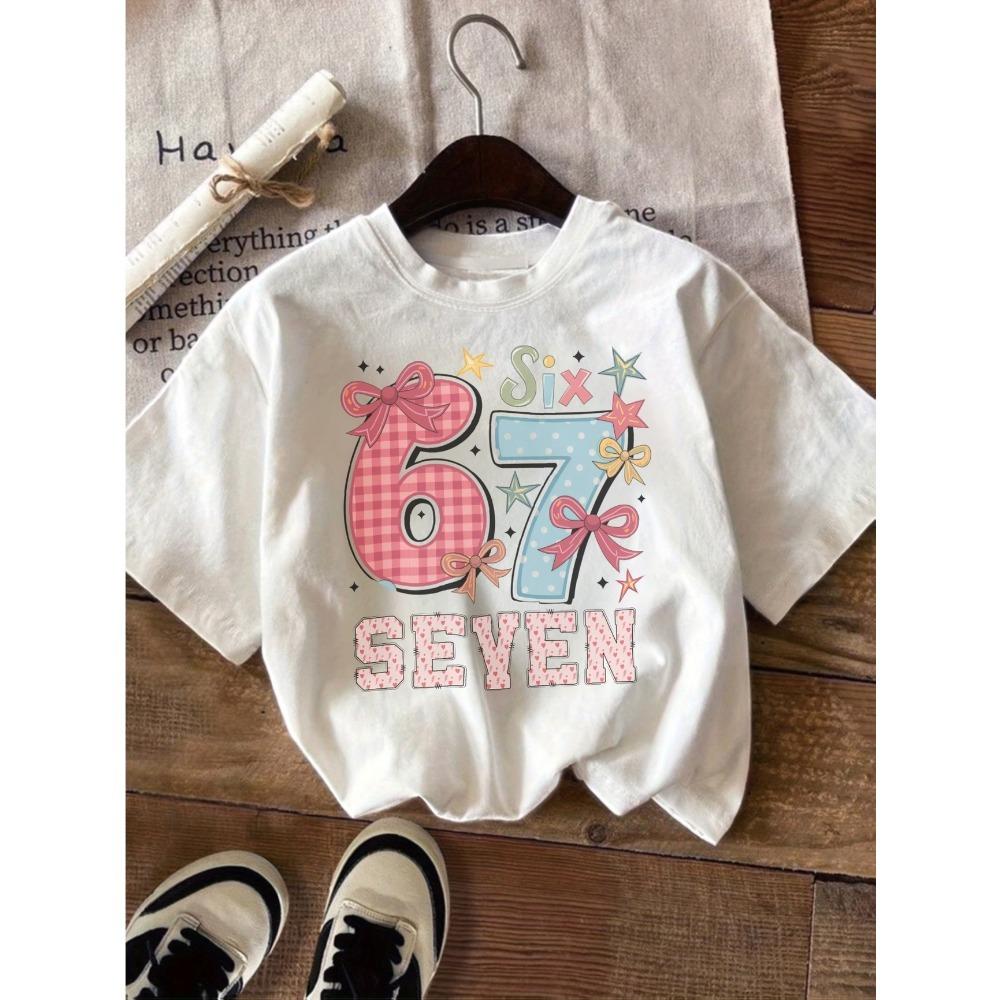 Summer Pi Pizza Cute Bow 67 Six Seven Print Kids Short Sleeved Shirt Polyester Casual Children's T-shirt Girls Fashion Clothes Tees