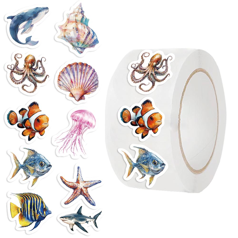 

500PCS Ocean Animal Stickers Roll Cute Cartoon Round Marine Sea Animal Sticker Fish Decals for Teacher Reward School Supplies