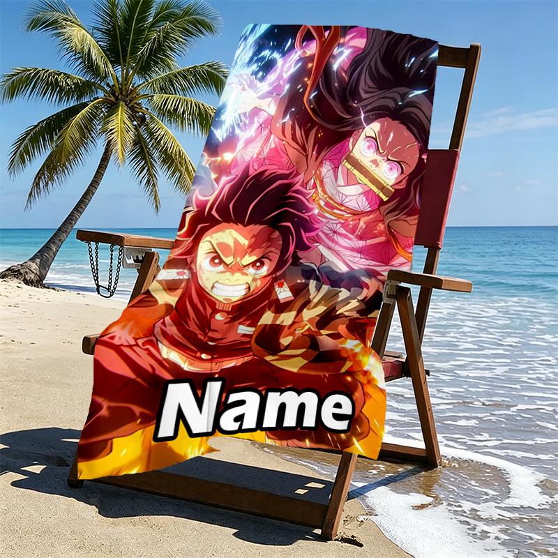 Custom Name Personalized Demon Slayer Print Beach Towel, for Trip Camping Beach Party Home Decor, Birthday Gift for Family & Friends