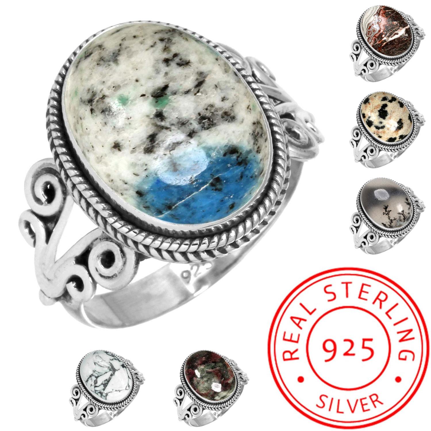 

925 Sterling Silver Ring Women Gemstone Handmade Jewelry Thanksgiving Gift Crazy Lace Agate Dalmatian Dendrite Opal Eudialyte Howlite K2 Jasper 6.5