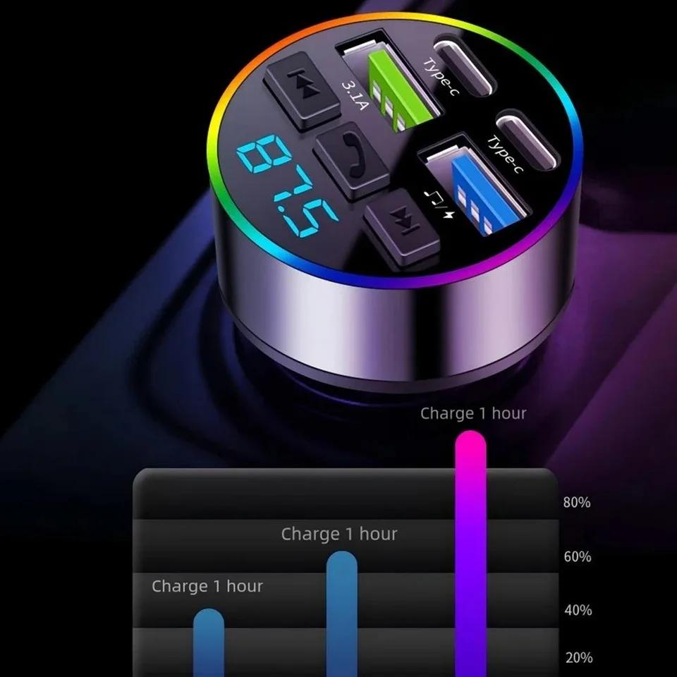 66W Fast Charge Bluetooth 5.0 FM Transmitter 4 Ports (Dual USB+Type-C) RGB Ambient Light Handsfree Car MP3 Player
