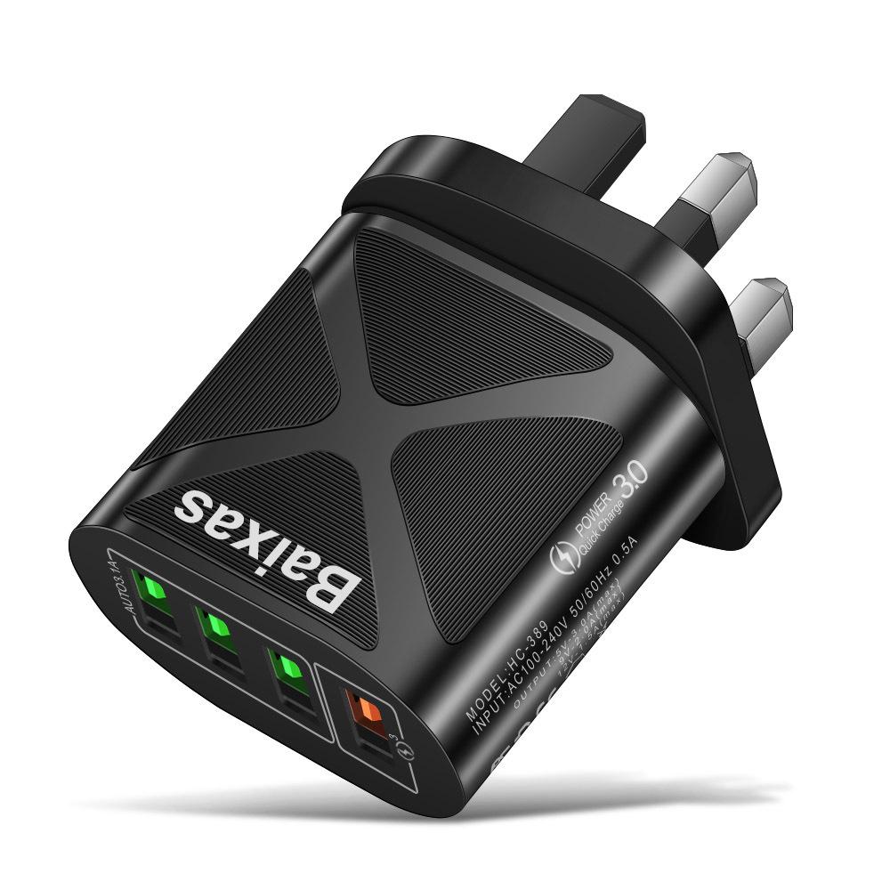 Multi-Port USB Fast Charger QC3.0, 4 Ports, 5V/9V/12V, Compatible with EU/US/UK/AU Standards