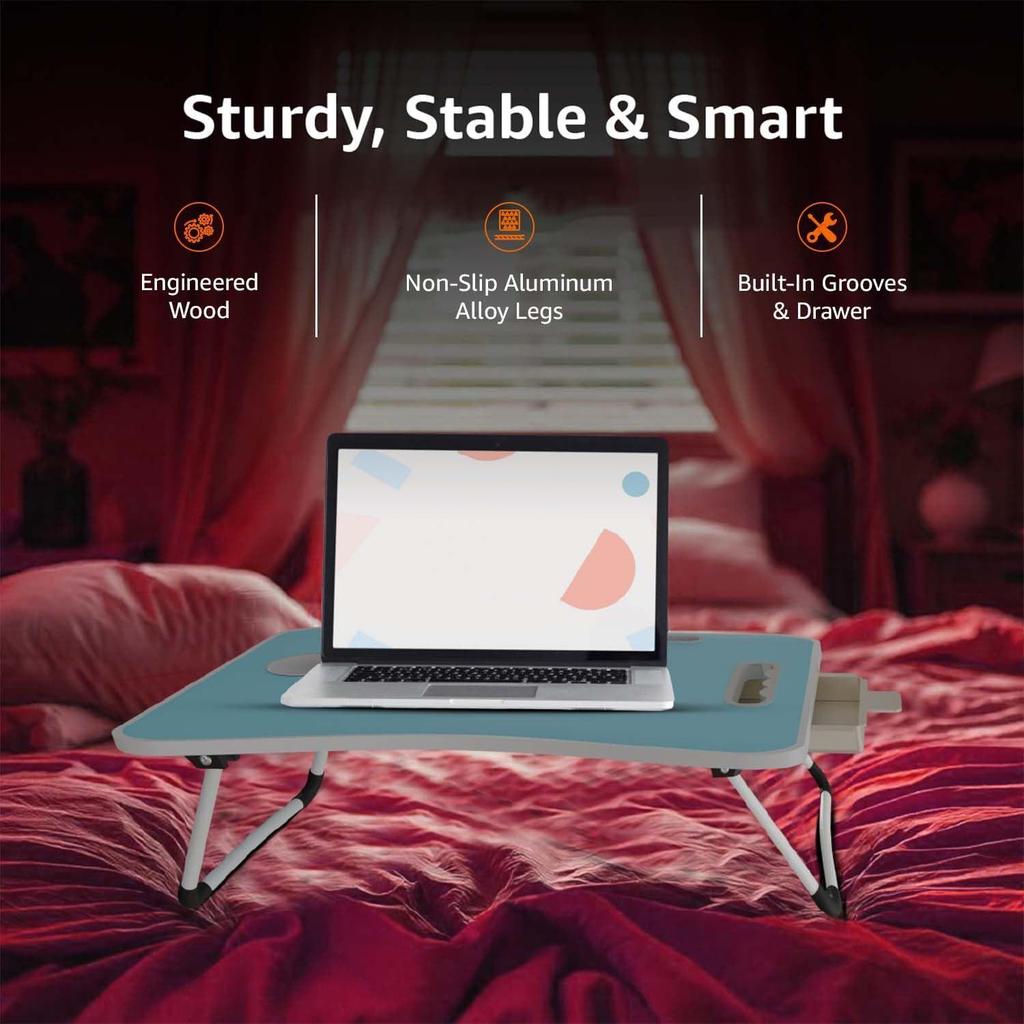 Engineered Wood Foldable Laptop Table with Cup Holder, Tablet Groove and Mini Drawer (60L X 40W X 26H Cm, Blue)