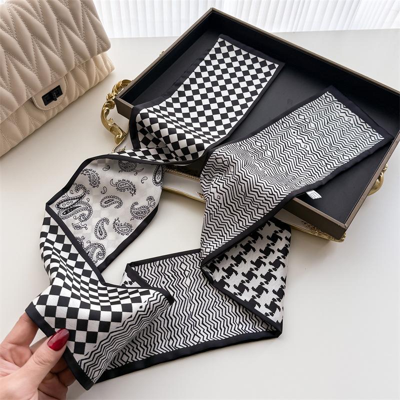 Women Silk Feel Printed Design Scarf Shawl Luxury Long Narrow Small Silk Scarves Ladies Headband Headscarve