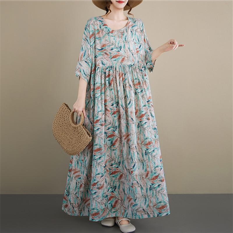 Kurzarm Plus Size Baumwolle Vintage Blumenmuster Neu in Kleidern für Damen lässig locker langes Sommerkleid