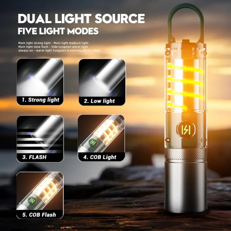New Powerful Led Flashlight Tungsten Filament Side Lamp Built-In Battery Type-C Charging Torch Outdoor Portable Camping Lantern