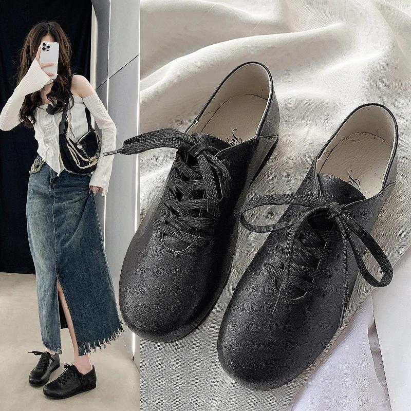 

Маленькие белые туфли на шнуровке с круглым носком для женской весенне-летней повседневной одежды на тонкой плоской подошве 35