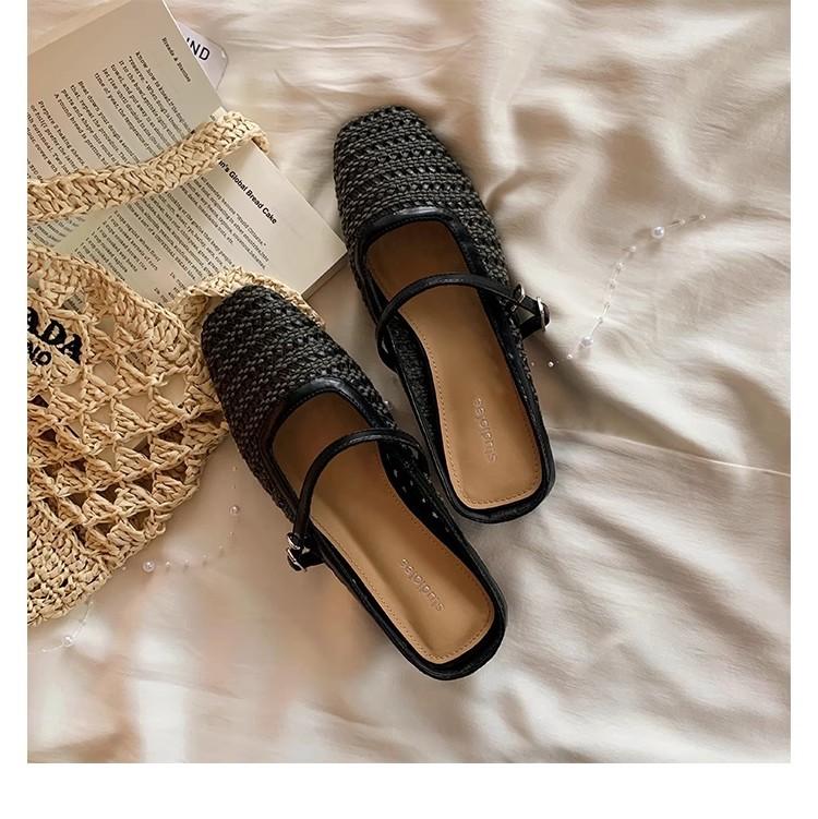 Retro Woven Hollow Square Head with Thick Heel Sandals Muller Half Slippers Women's Summer New