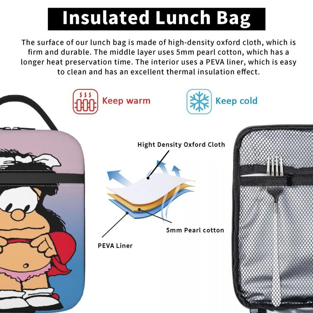 Funny Mafalda Insulated Lunch Bag for Women Resuable Quino Comic Cartoon Cooler Thermal Lunch Box Office Work School