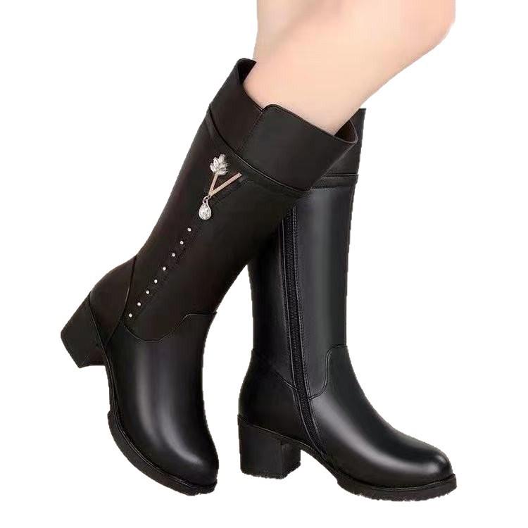 Womens Ankle Boots High Quality Leather Casual Boot Fashion High Heeled Ankle Boots for Women Plush Warm Winter Boot