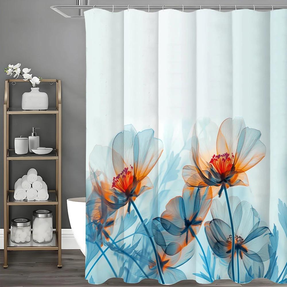 Red Blue Floral Shower Curtain, Bathroom Decorative Shower Curtain, Waterproof Shower Curtain With Hooks W60H190(CM)-1 Pcs
