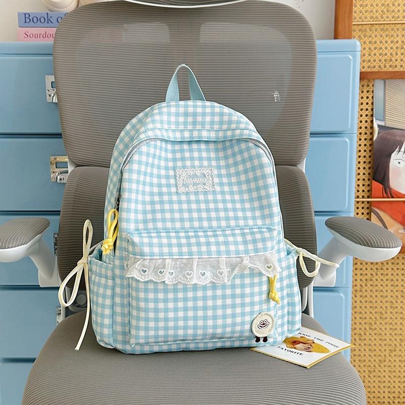 Schoolbag Korean fresh plaid corrugated backpack girl heart lace small schoolbag girls junior high school students female commuter bag