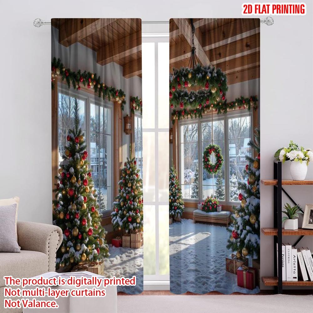 

Set Of 2 Flat Printing Merry Christmas Popular Drapes Durable Polyester Fabric Without Electricity Versatile Curtain Made W100*H70(CM)-Hooks&2PCS