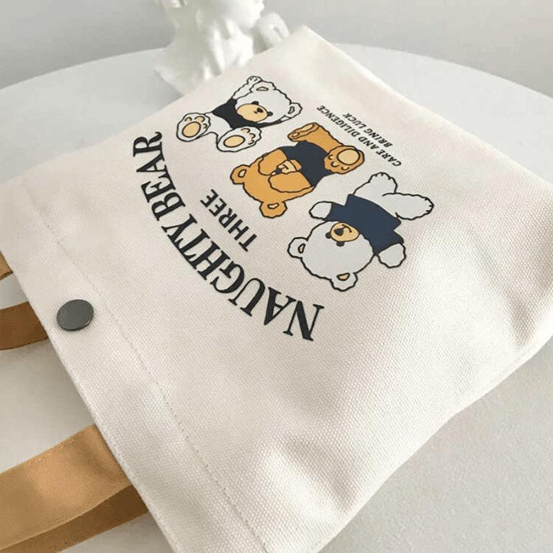 Bear Canvas Bag, Portable Tote Bag, Small Cartoon Canvas Bag for Lunch Boxes, Versatile and Simple Carrying Bag