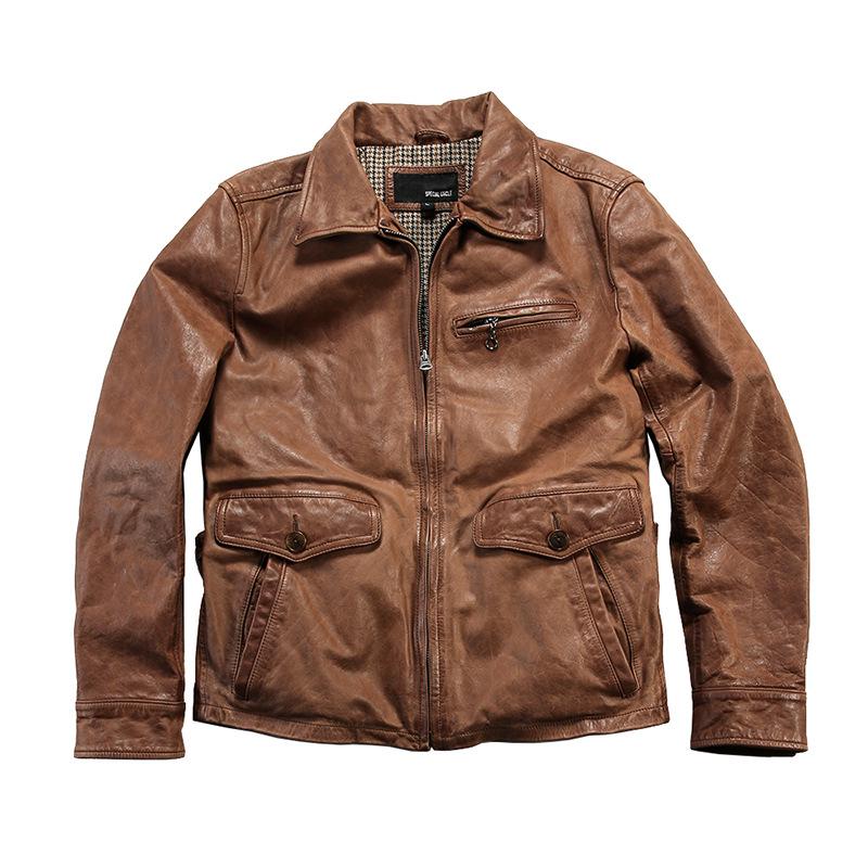 Jacky Cheung Men's Waxed Goatskin Leather Jacket with Lapel