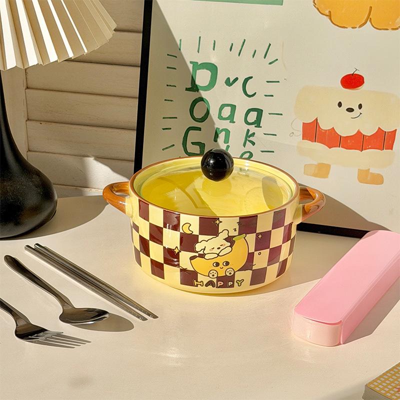 ins cute cartoon puppy ceramic binaural instant noodle bowl with lid new snail powder student dormitory for dinner