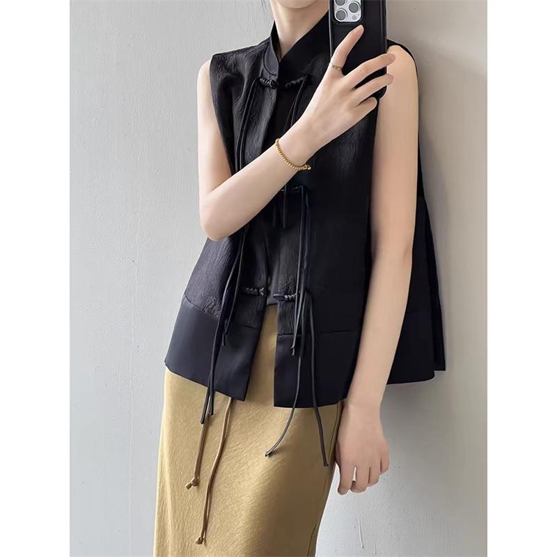 Chinese Plate Button Vest Jacket Spring Jacquard Stand Collar Sleeveless Waistcoat Retro Women Cheongsam Tops
