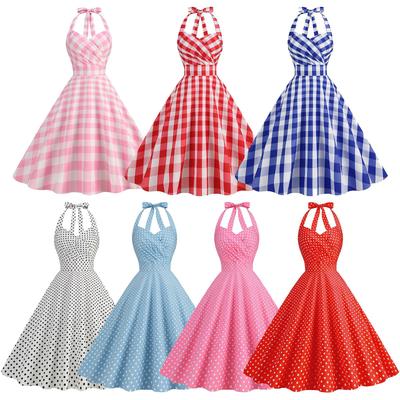 Women's Fashion Casual Slim Retro Hanging Neck Pleated Polka Dot Printed Swing Dresses