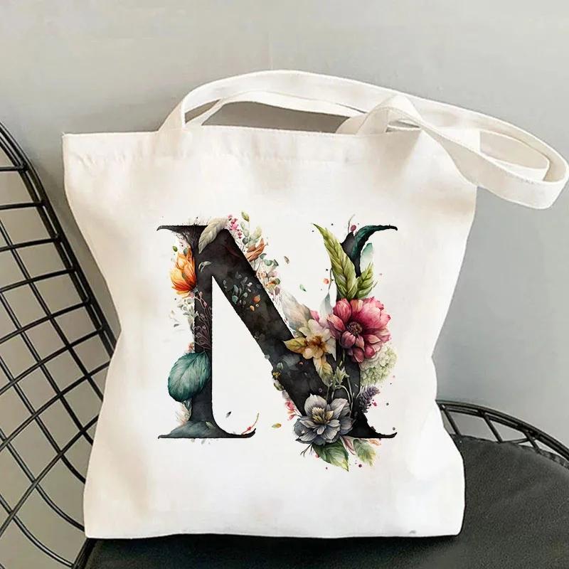26 Black Alphabet Flower Tote Bags For Women Large Capacity Canvas Casual New Shopping Printed Reusable Handbag Eco Bag Large