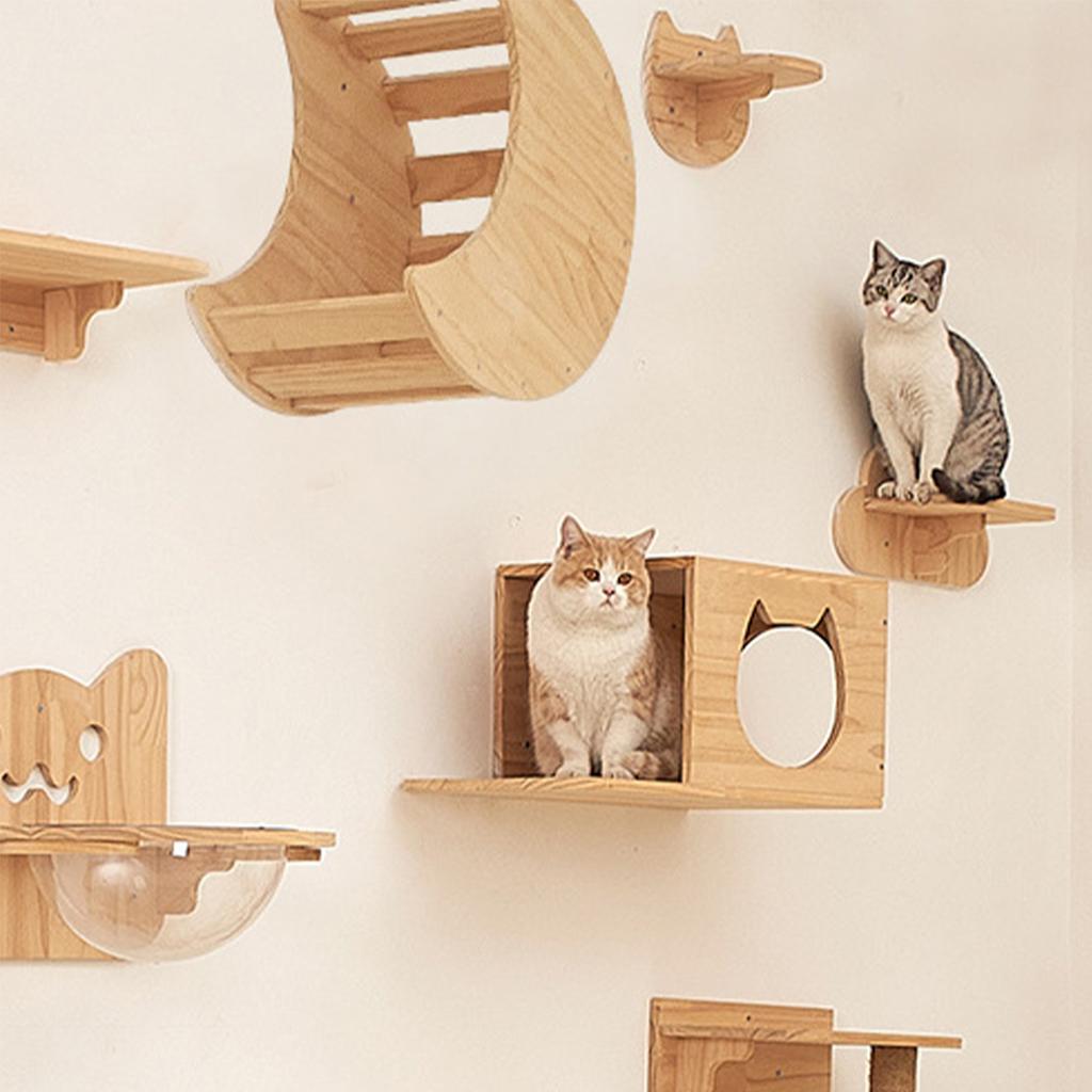 Wandmontierte Katzenregale Holz Katzen Ausguck Kletterregal Kätzchen Wandkletterbaum Möbel Vierstufige Treppe Indoor Katzenhängematte
