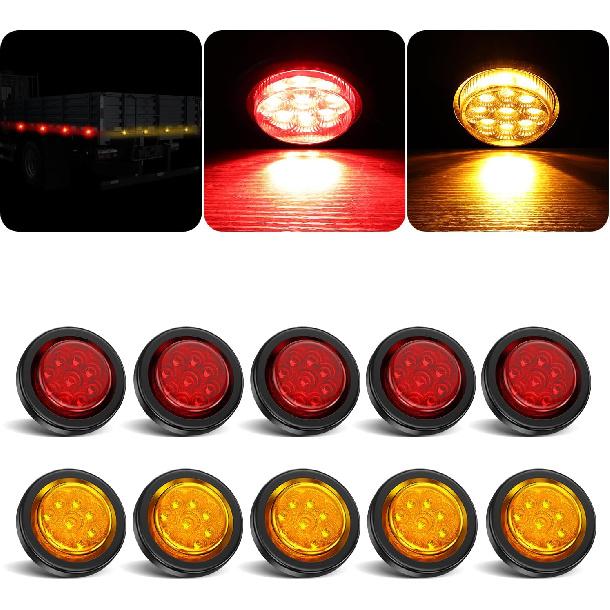 10Pcs 2 Inch LED Trailer Side Marker Lights, 9 LED 2  Round Trailer Clearance Marker Lights with Reflectors for Trailer Truck, RV, Waterproof Sealed,