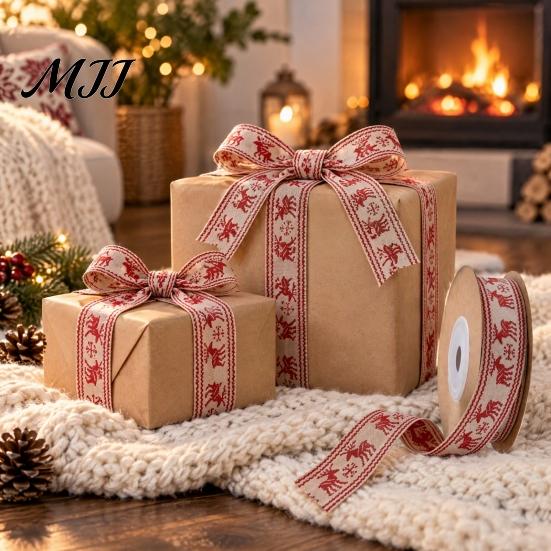 Decorative Ribbon for Holiday Wreaths Christmas Packaging Ribbon, Cotton And Faux Linen Fabric Roll Crafting Decor Gift Wrapping, Floral Arrangement