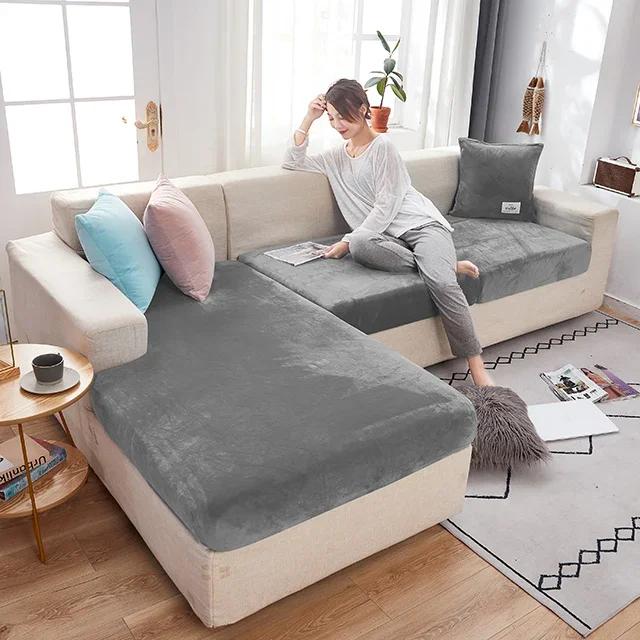Elastisk fløyelssofa Seteputetrekk for stue Pute Sjeselong Luksus Hjørne L-form Møbelsofa Sliptrekk