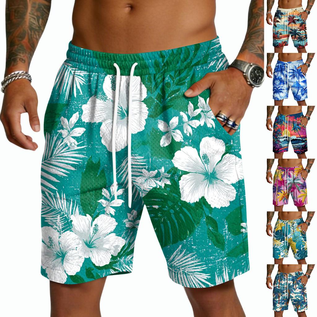 Men's Casual Hawaiian Print Drawstring Shorts Lightweight Quick Dry Beachwear Five Inch Inseam Swim Trunks with Pockets