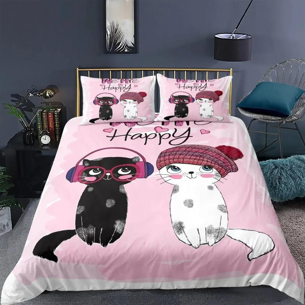 Cat Cartoon Cute Kitten Comfortable Duvet Quilt Cover Pillowcase Bedding Set Children Bedroom Decoration Home Textile