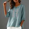 Women Fashion Solid Color Round Neck Half Sleeve Chinese Style Cotton Linen Shirt Floral Embroidery Button Blouse Casual Top