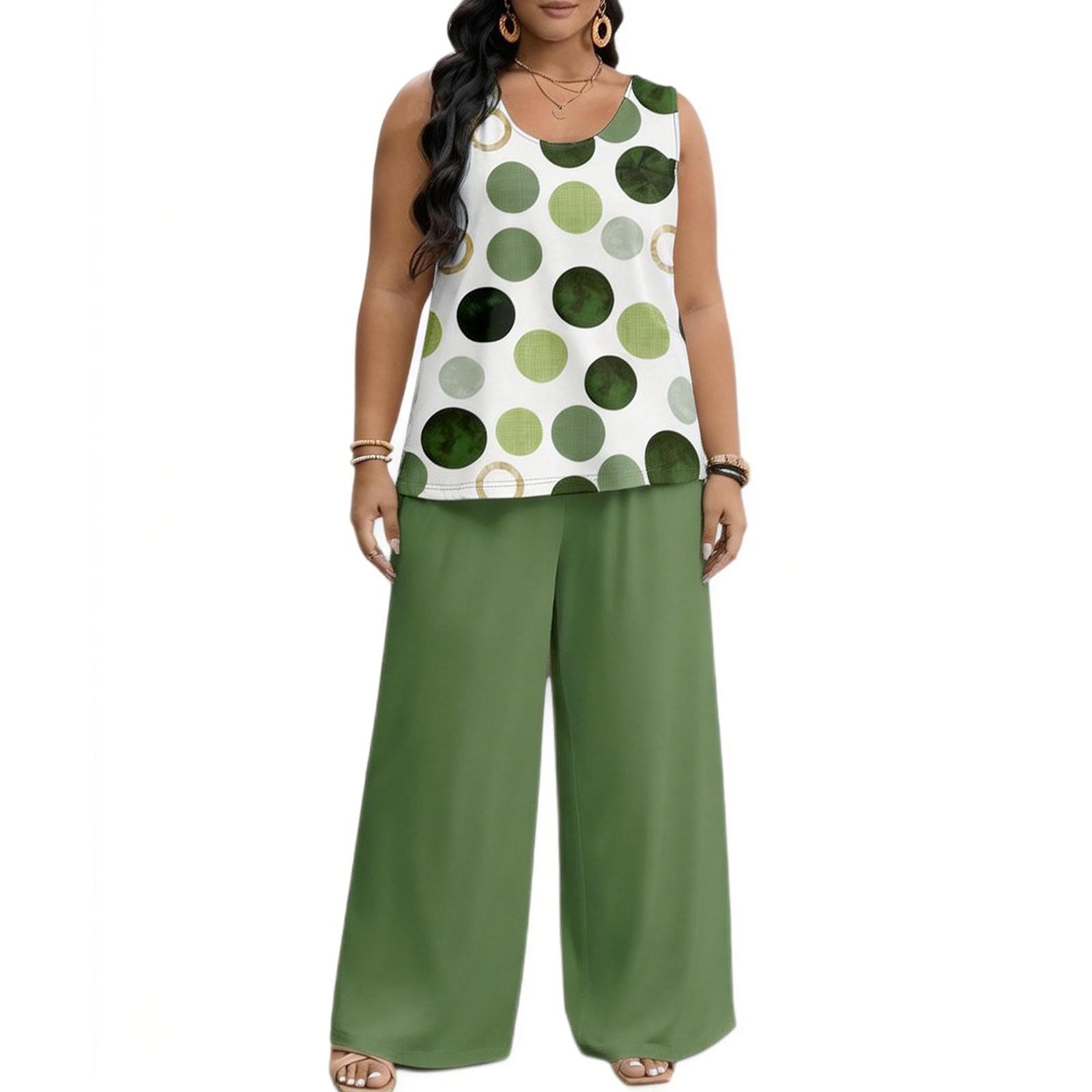 

Women s 2-Piece Casual Printed Short-Sleeve Top And Wide-Leg Pants Set XXXXL зелений