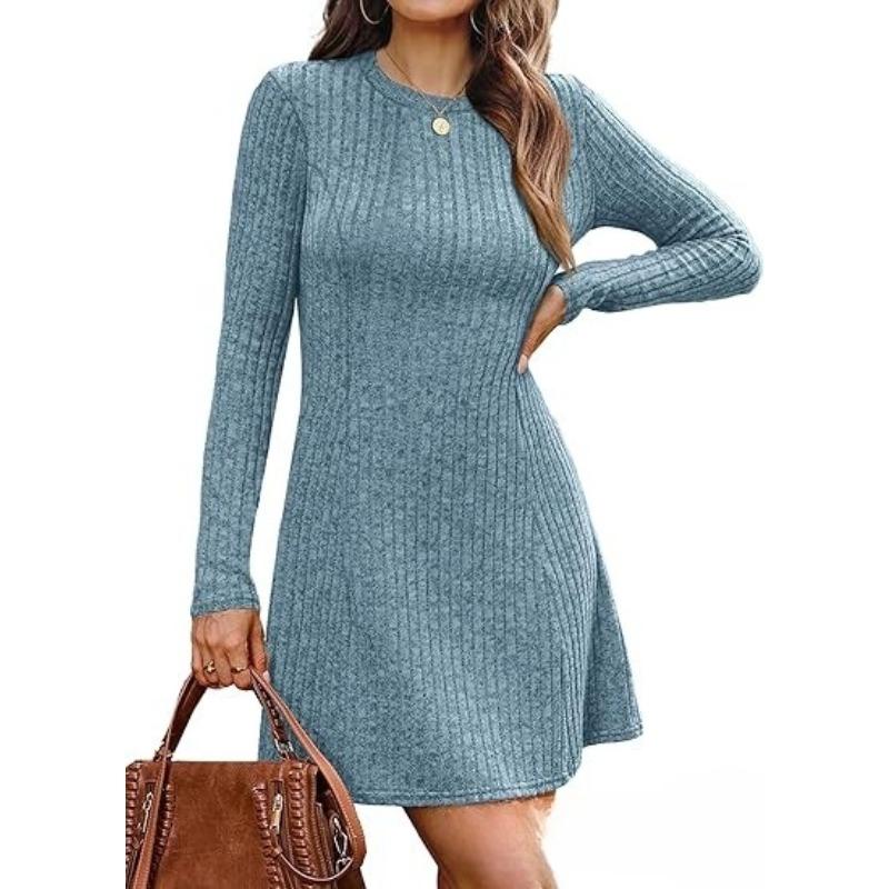 JKASHDK Women's Fashion Spring Fall Solid Color Print Long Sleeve O-Neck High Waist  Casual Dresses