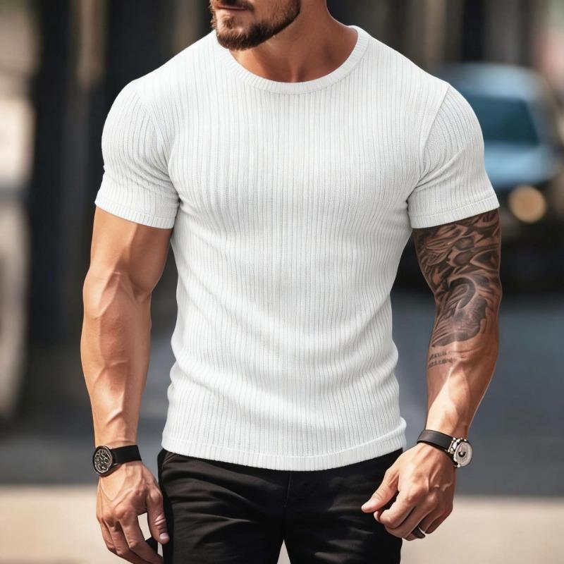 

Men s Summer Sports Fitness Casual Round Neck Elastic Vertical Strip Round Neck Short-sleeved T M