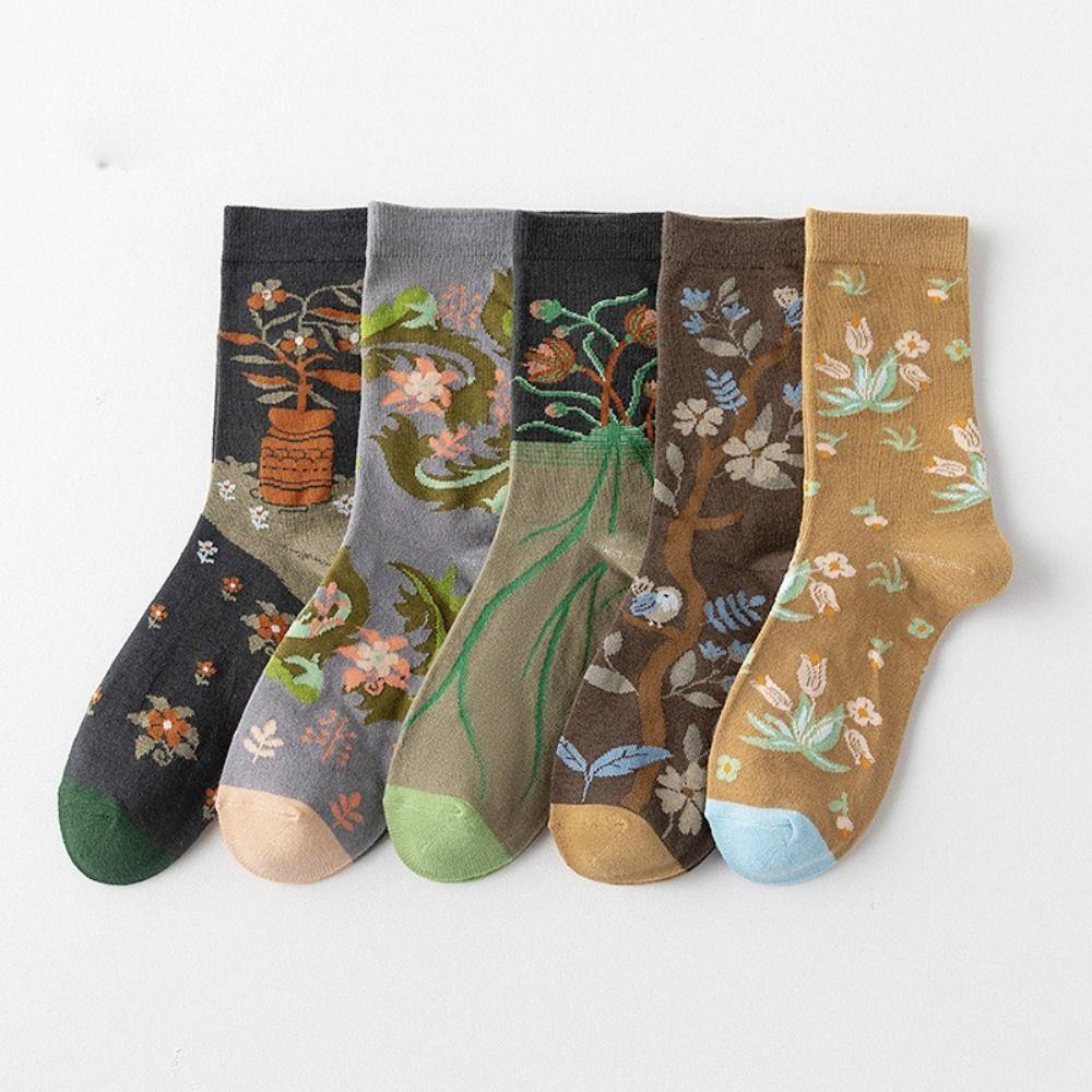 Thin Girls Mid-calf Socks Revivalism Retro Style Sock Women French Style Floral Tube Socks Female
