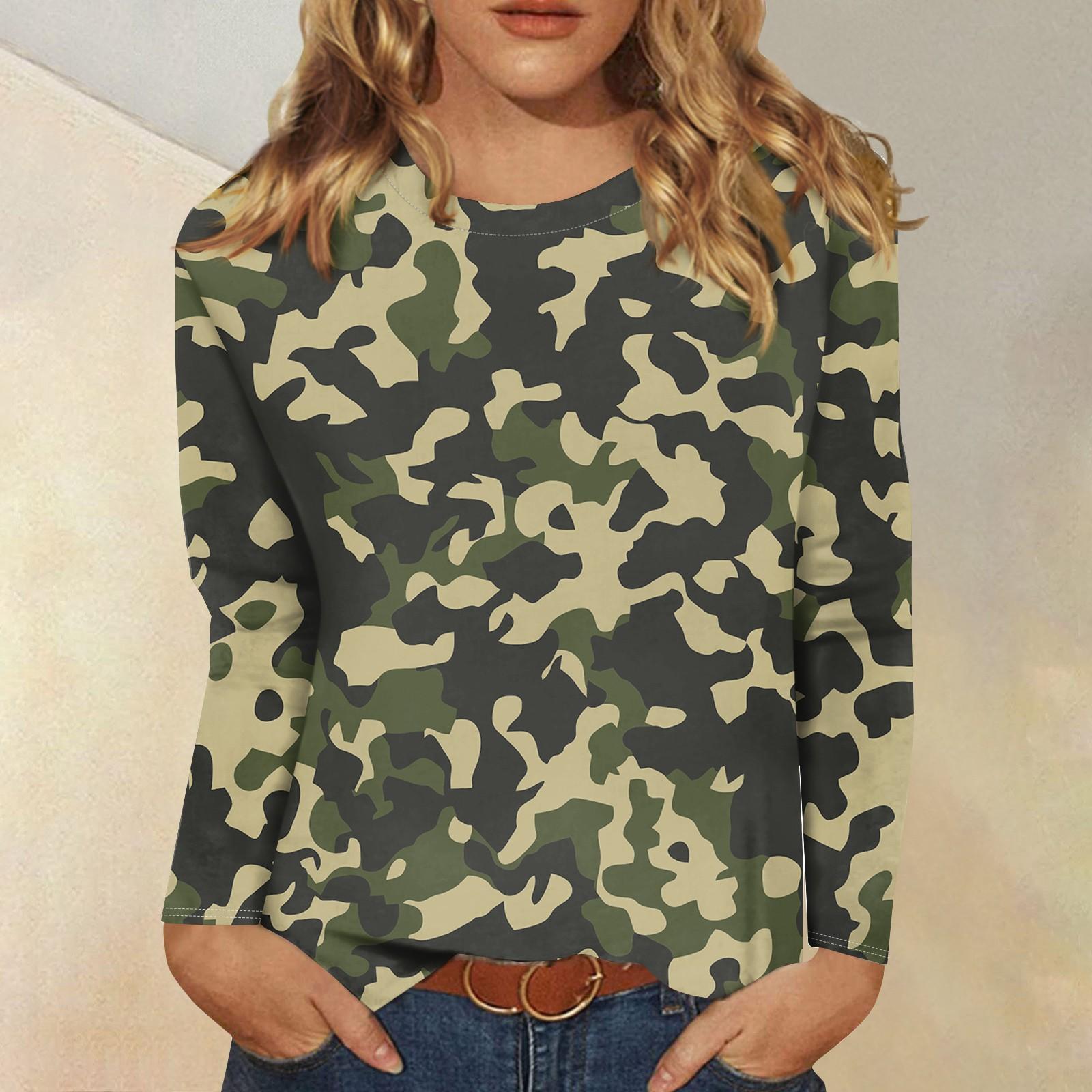

Женская модная повседневная футболка с длинным рукавом и круглым вырезом с камуфляжным принтом XXXXL
