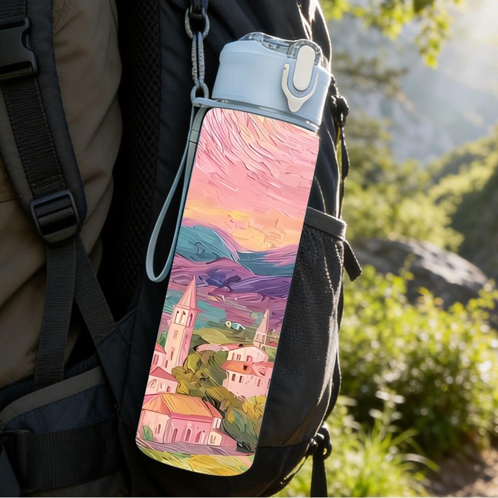 1PC Pink Sunset Mountain Village Landscape Art 750ml Color Plastic Sports Water Bottle Leakproof Flip Straw Lid Suitable for Sports Office Home Use