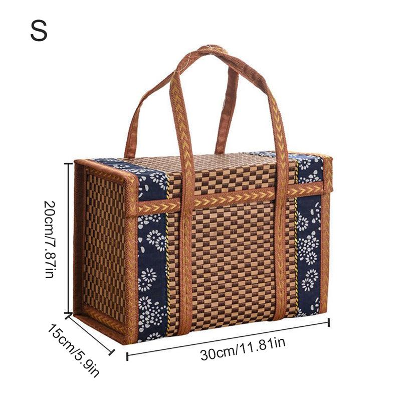 Folding Bamboo Woven Fruit Basket Handheld Handle Fruit Shopping Food Basket Picnic Food Storage Basket For Outdoor